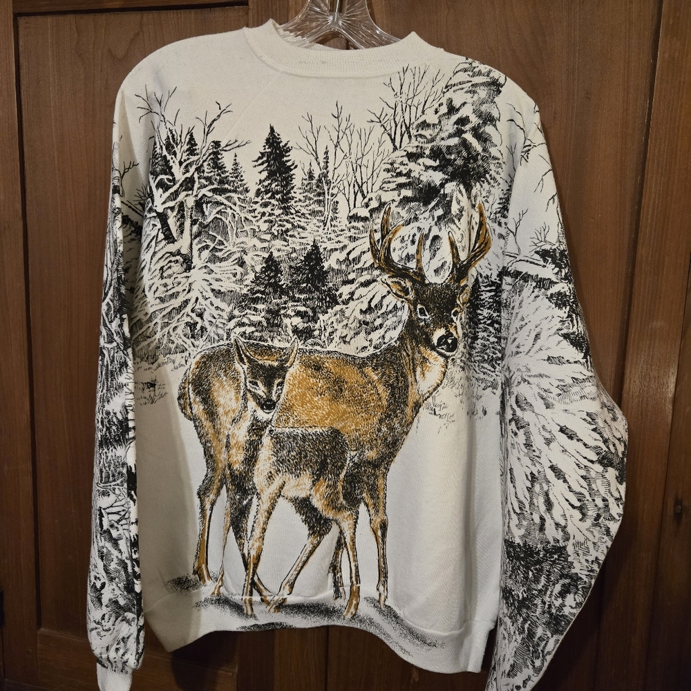 Womens Vintage 90's Pullover Sweatshirt Allover Graphic Winter Deer Size XL